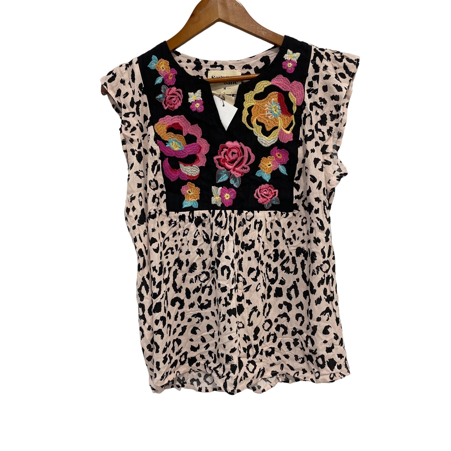 Savanna Jane Floral Embroidered Leopard Top Womens M Flutter Sleeve Rayon NEW