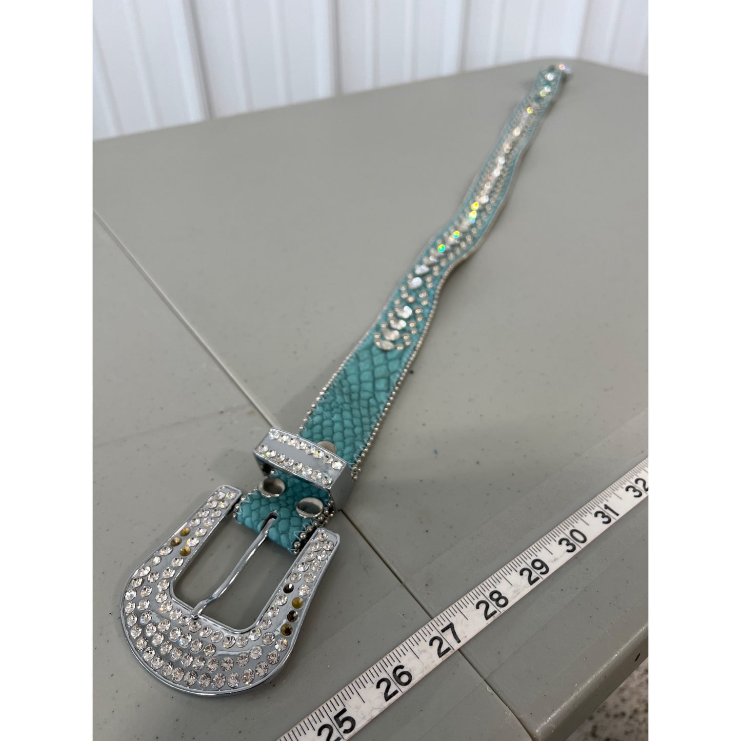 Western Cowgirl Alligator Embossed Rhinestone Studded Leather Belt Womens S Aqua