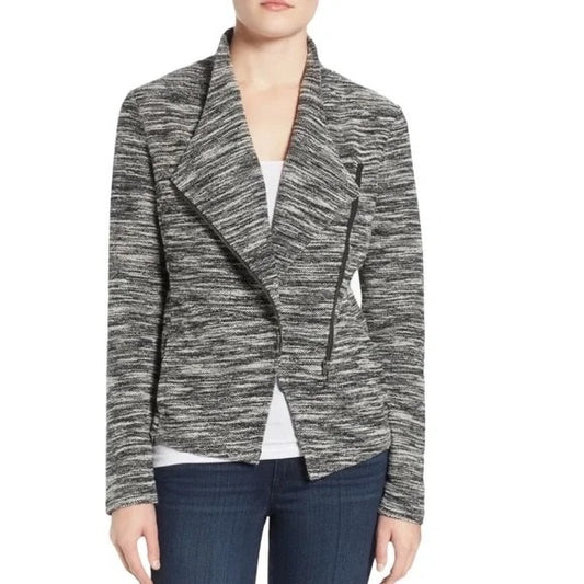 Halogen Asymmetrical Zip Knit Jacket Womens S Marled Knit Long Sleeve Gray Black