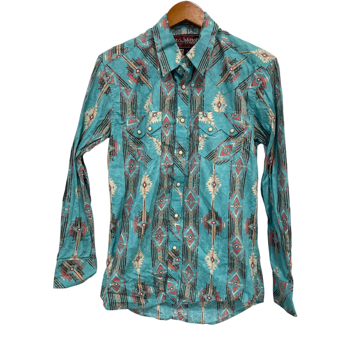 Rock & Roll Cowboy Aztec Pearl Snap Western Shirt Men's S Blue Cotton Farmhouse