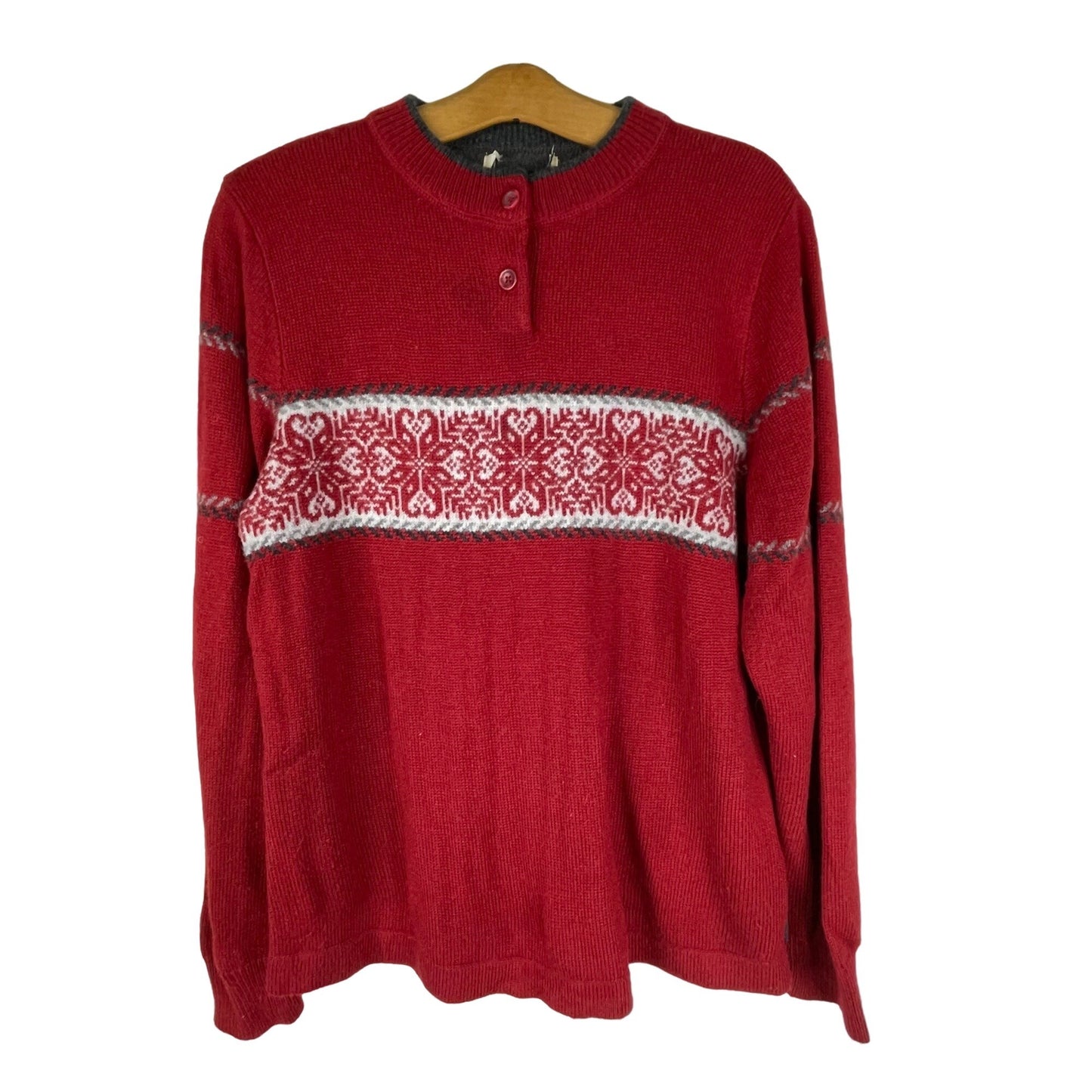 Woolrich Ruby Red Henley Alpaca Lambs' Wool Floral Pullover Sweater Women's L