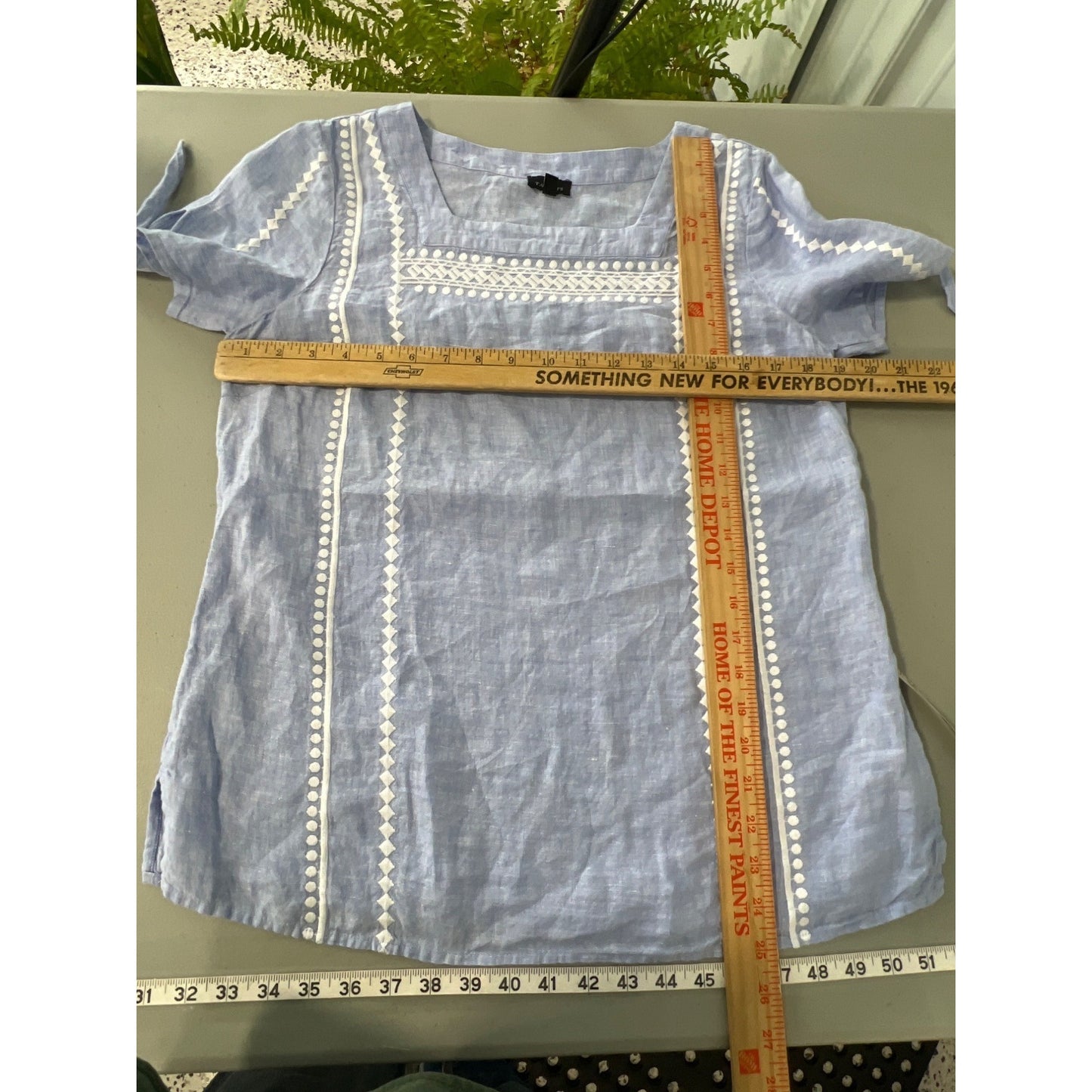 Talbots Square neck Embroidered Linen Top Womens S Blue Cross Dyed Relaxed